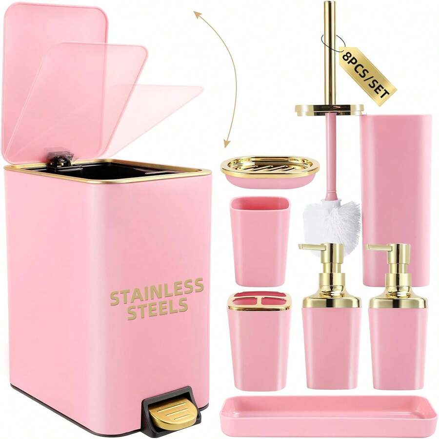 Pink Bathroom Accessories Set 8 Piece Pink And Gold Bathroom Set, Bathroom Sets With Stainless Steel Trash Can,Toilet Brush,Toothbrush Set,Soap Dispenser - Burgundy - View 1