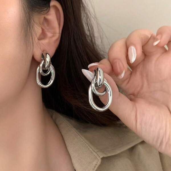 1pair Fashionable Rhodium Tone Metal Multi-Turn Knotted Design Stud Earrings For Women, Double Hoop Studs, Statement Dangling Earrings, Unique Earrings Anniversary Gift For Wife