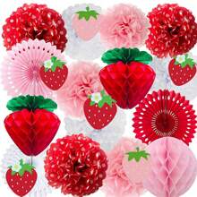 Set de 1/2/22 piezas de decoraciones para fiesta de cumpleaños de fresa en rojo, rosa y blanco que incluyen pompones de papel de seda, bolas de panal, faroles y guirnaldas para decoración de aula, fiesta dulce de fruta, 1er cumpleaños, novia y fiesta de bebé para niñas