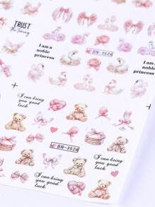 12 designs/pièces Autocollants d'eau pour ongles avec motifs de filles de bandes dessinées. Nœuds, rose, abricot, gâteau, rouge à lèvres, cosmétiques, poupée, ours, lapin, cygne, chien, design romantique. Décalcomanies kawaii à transfert par l'eau pour décoration d'ongles