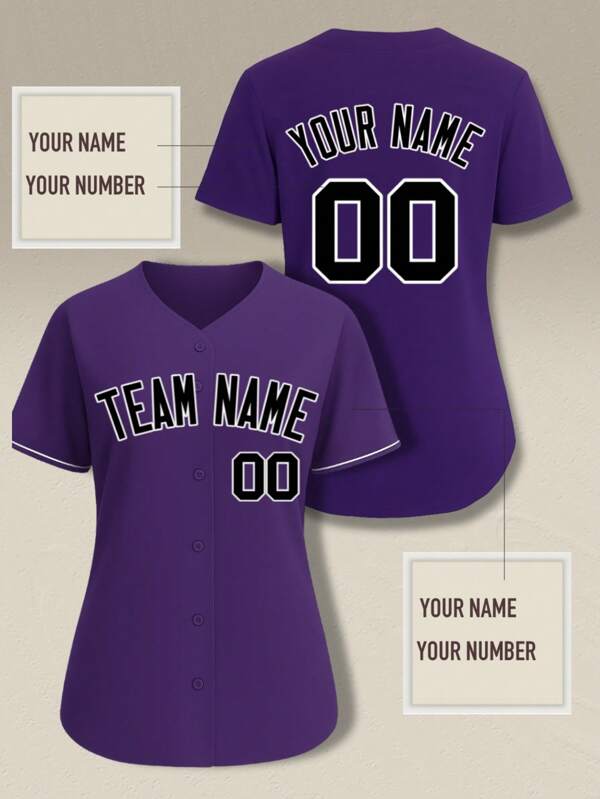 Women's Solid Color Custom Baseball Jersey Double-Sided Printed, Purple Baseball Shirts Uniform Personalized Team Name Number, Baseball Jersey T-Shirt Gift For Mom