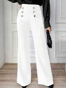 Calça Pantacourt Regular de Cintura Alta Elegante com Abotoamento Duplo Peito para Mulheres Plus Size, Tecido de Malha 180g