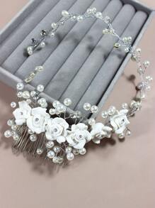 1 pieza Diadema con flor blanca y perlas para mujer/niño, peineta con rosa, accesorio vintage elegante y versátil