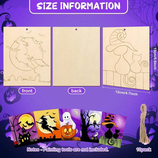10pcs Halloween Unfinished Wooden Crafts, Bulk Pre-Drilled Wooden Painting Decorations, Spooky Witch Bat Paintable Wood Pieces Craft Supplies