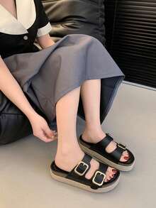 Sandalias de cuña con hebillas metálicas, alpargatas con plataforma - Negro - Ver 2