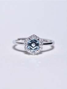 1pc S925 Sterling Silver Sky Blue Topaz Hexagon Ring, Hypoallergenic, Adjustable Size, Suitable For Party, Music Festival, Valentine's Day Gift, Elegant Bohemian Rose Design, Timeless