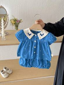 Baby Girl Ditsy Floral Embroidery Collar Ruffle Sleeve Top & Shorts 2 Pieces Set, Summer - 藍色 - 查看 1