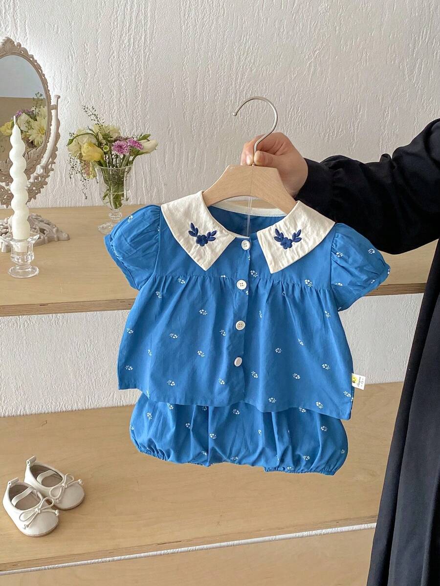 Baby Girl Ditsy Floral Embroidery Collar Ruffle Sleeve Top & Shorts 2 Pieces Set, Summer - 藍色 - 查看 1