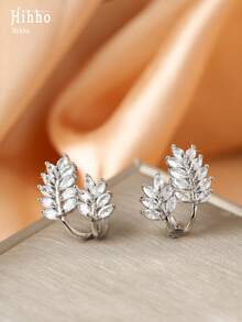 Hihho 2 Pairs Fashionable Personalized Shiny Micro-Inlaid Zirconia Wheat Ear Stud Style Earrings For Girls, Elegant Jewelry Gift For Ladies, Date Occasion - Silver - View 3