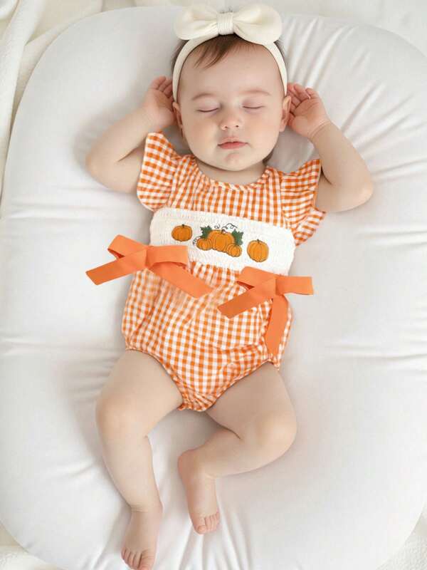 Baby Girl Halloween Romper Pumpkin Embroidered Plaid Bows Crew Neck Flying Sleeve Jumpsuit For Fall