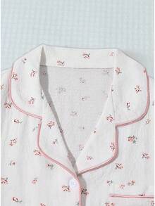 Women's Graphic 2 Piece Pajama Set Cute Button Up Shirt And Shorts PJ Sets - White Floral - View 3