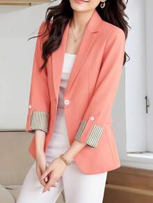 HOMEYEE Women's Retro Elegant Casual Lapel Collar Colorblock Striped 3/4 Sleeve Blazer Jacket, Suitable For Spring, Summer, Autumn Seasons, Professional, Work, Holiday - Hồng - Xem 3