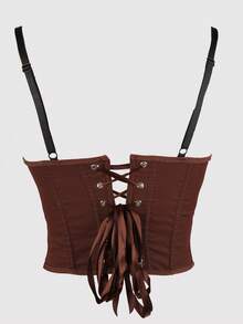 Yuwenier Y2K Grommet Eyelet V Neck Trim Contrasting Ribbon Bowknot Front Overbust Boned Corset Bustier Shapewear Crop Cami Top