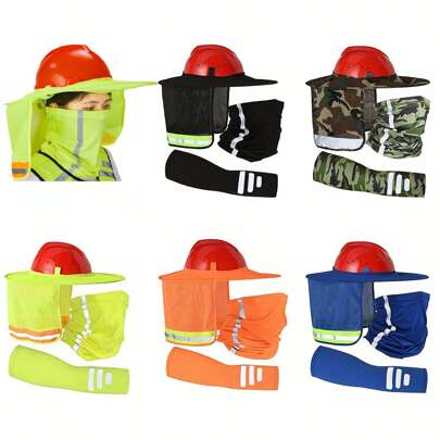 Set Of 3 - Summer Sun Protection Hat, Breathable Full Brim Mesh Neck Cover With Bandana Headband & Arm Sleeves, Adjustable Strap For Outdoor(No Helmet Included)