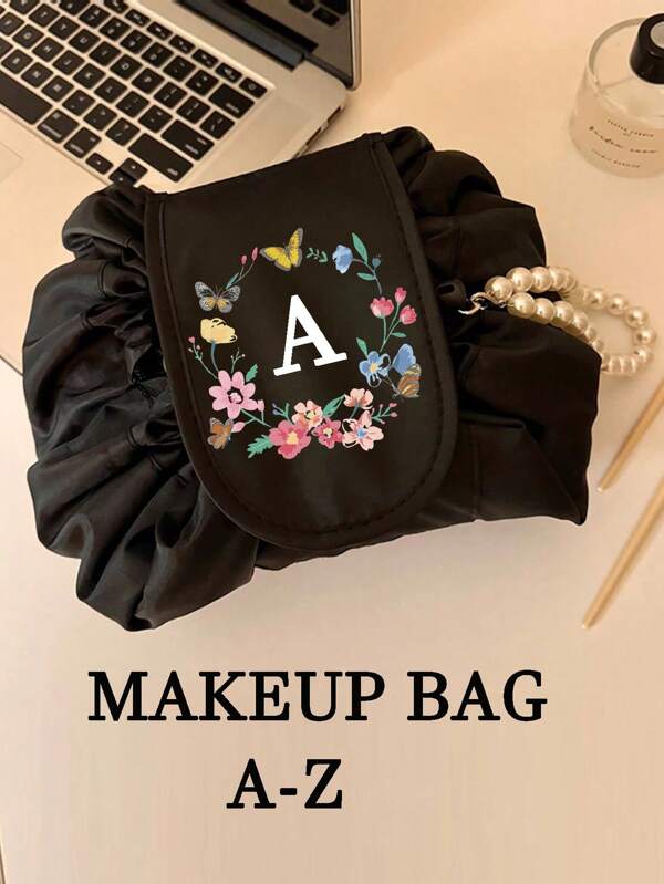 1 pieza Bolsa de maquillaje con patrón floral y de iniciales, bolsa de viaje y almacenamiento con cordón - Gran regalo para mujeres, maestras, hermanas, madres para regreso a clases, cumpleaños, aniversario, graduación, organizador de cosméticos