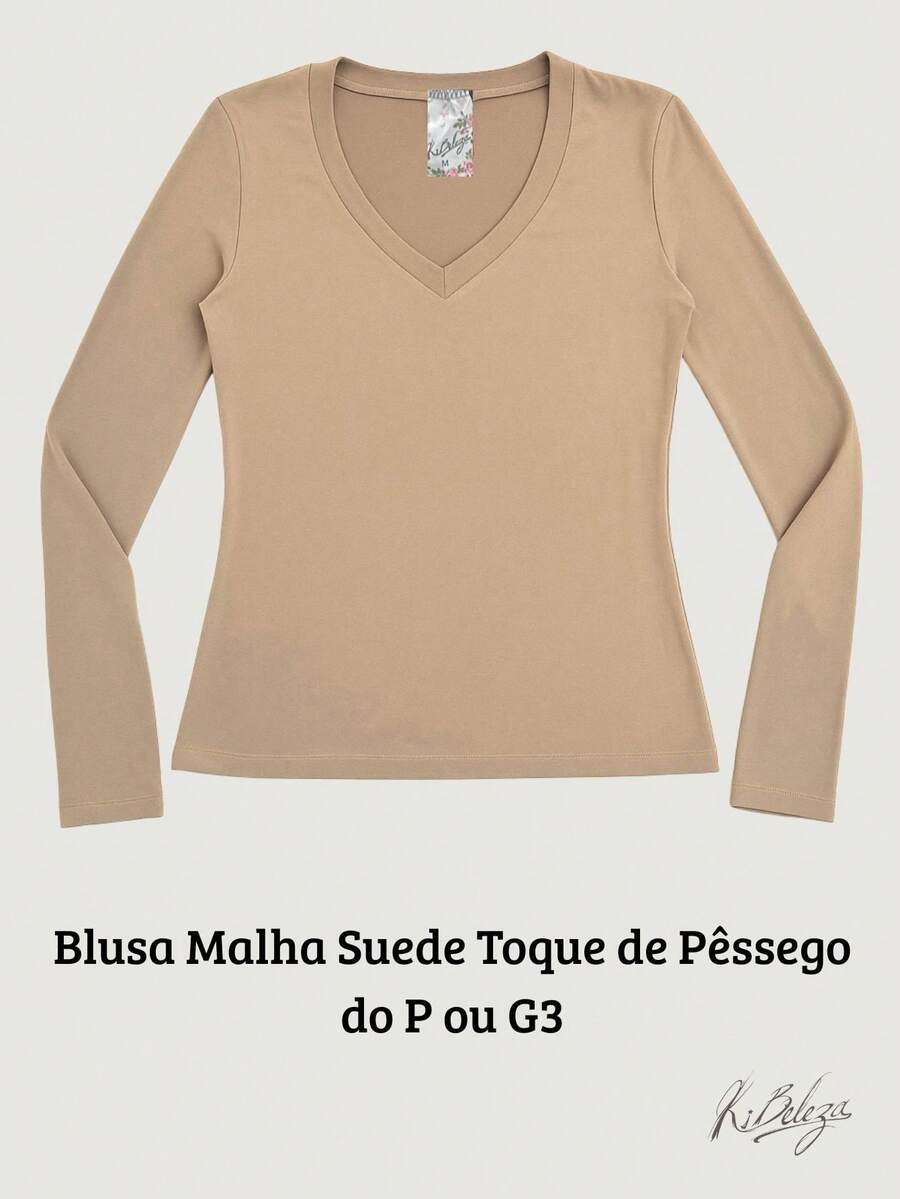Women's Suede Knit Blouse With V-Neckline – Comfort, Style And Versatility For All Occasions - 米色 - 查看 1