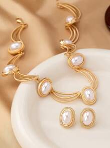 3-teiliges Schmuckset für Frauen: Perlenverzierte wellenförmige Halskette & Ohrringe, im Vintage Boho-Stil, elegant & modisch als Geschenk, für Partys und den täglichen Gebrauch