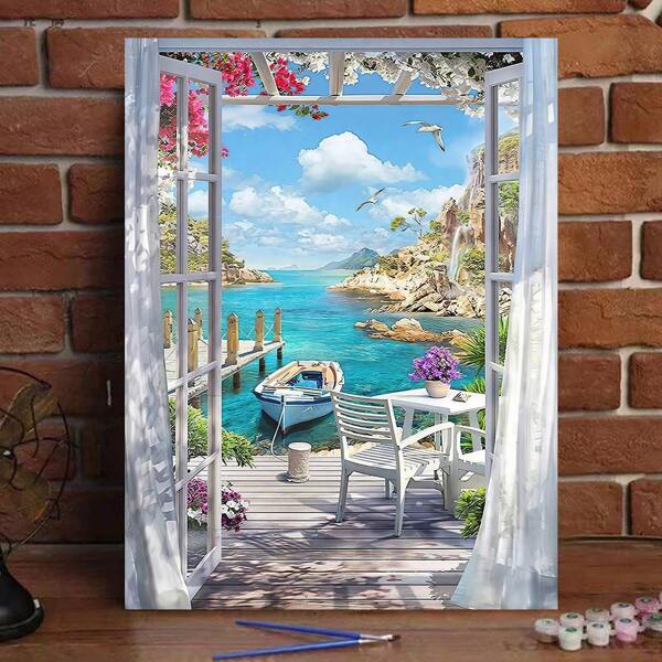DIY digitale schilderset voor volwassenen, 40*50 cm met verf en penselen, ideaal voor stressverlichting, handgeschilderde nummers, ontspannen strand- en briesontwerp, knutseldecoratie voor aan de muur, schilderijen, geschikt voor beginners, attent cadeau voor vrienden (zonder lijst)