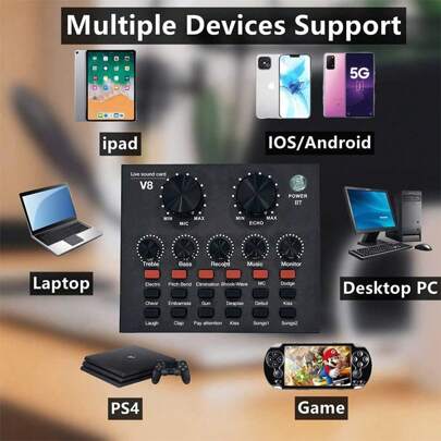 Easypie Selection طقم أدوات المطبخ 1 مجموعة, جهاز تغيير الصوت الخلاط الموسيقي لبطاقة الصوت على جهاز الكمبيوتر ومعدات لوحة الصوت لبث مباشر لوحة الصوت لبطاقات الصوت الداخلية للكمبيوتر لوحة الخلاط الموسيقي أسود V8 مجموعة