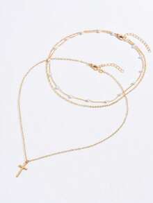2pcs Women's Faux Pearl & Cross Pendant Necklace (Random Pearl Quantity) - 黃金 - 查看 5