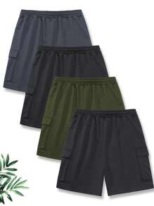 4pcs Men's Basic Solid Cargo Shorts, Drawstring Waist Regular Fit Casual Outdoor Shorts With Pockets, Suitable For Daily Wear, Outdoor, Sports, Running, Golf, Fishing, Basketball, Camping, Gym, Swimming And Beach