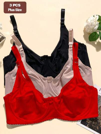 3 pièces/set Soutien-gorge de sport sans couture pour femmes de grande taille, minimaliste et confortable, en tricot avec nœud décoratif à l'avant, effet lifting