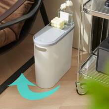 Slim Bathroom Trash Can With Lid, 10L/2.64Gal Capacity, Creative Narrow Space Waste Bin, Press Type Garbage Basket, Durable Material, Ideal For Home Use, Home Essentials Pet-Proof Design Container Bin With Press Top Lid, For Kitchen, Bathroom, Living Room, Office, Narrow Place Caravans - Light Grey Flip-top trash can - 查看 2
