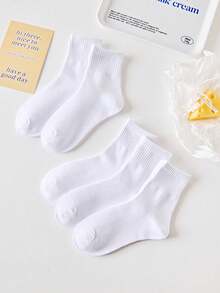 10 Pairs Kids Plain Cotton Crew Socks, Breathable Daily Casual Wear - White - View 3