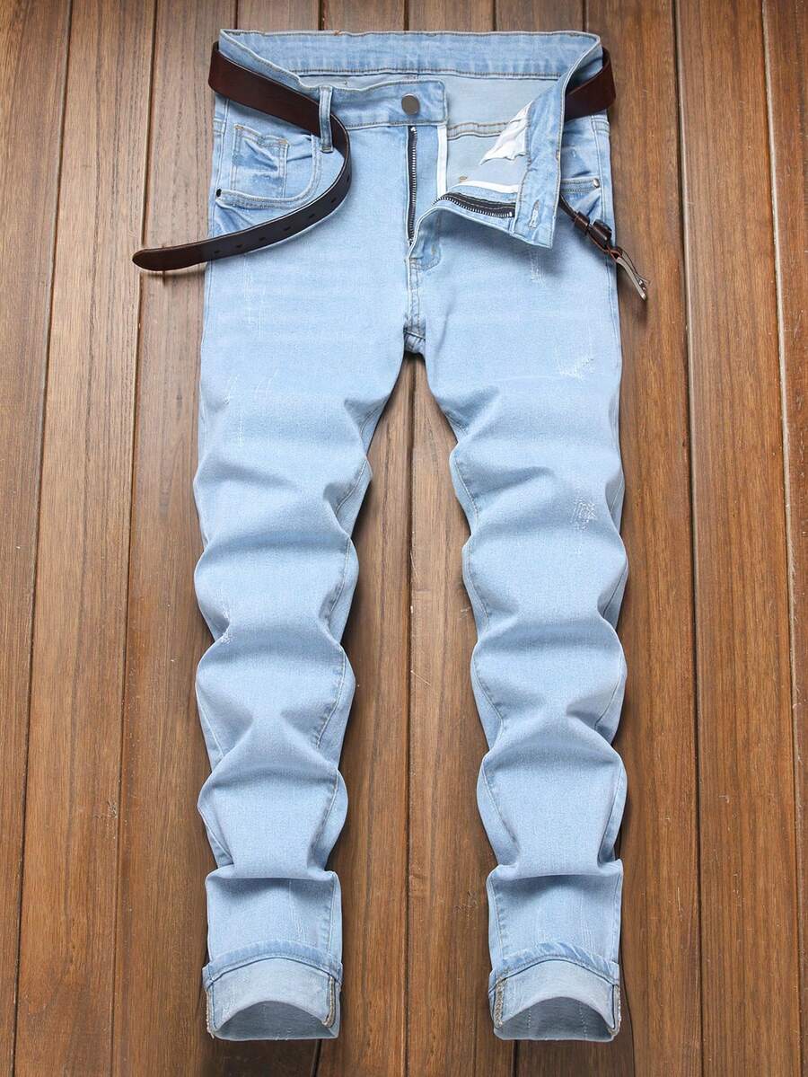 男士口袋设计紧身牛仔裤，做旧款式，舒适弹力腰带 - 淺色水洗藍 - 查看 1