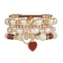 5pcs Pearl & Crystal Heart Beaded Bracelets, Fashion Versatile Stacking Bracelet Set For Women - Multicolor - View 7