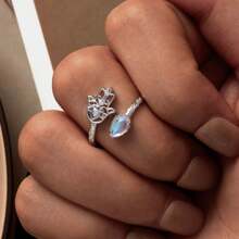 WOSTU 1 pièce Bague d'ouverture en argent sterling 925 Main de Fatima Lucky avec Moonstones arc-en-ciel en forme de larme. Bague empilable, bijoux pour une fête, cadeau