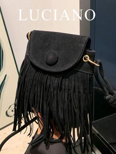 Nova bolsa de celular feminina de nicho, retrô, cor sólida, com borlas, estilo boêmio ocidental, transversal, multifuncional, personalizada, estilo retrô simples e despojado, adequada para diversas ocasiões, como deslocamento diário, viagens, compras, lazer, etc. Versátil, simples e leve, preta.