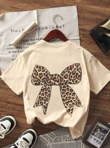 1pc Tween Girl Leopard Bow Print Tween Girl Oversized Short Sleeve T-Shirt, Comfortable & Fashionable Summer Top