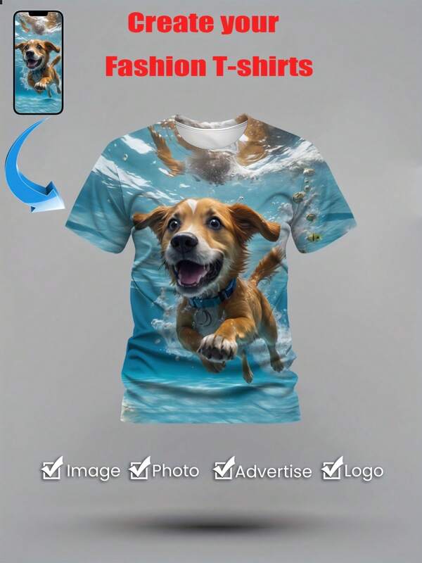 Customized 3D Printed T-Shirt, Personalized Dog Swimming Photo Design, Unisex Round Neck Short Sleeve Summer Top, Machine Washable Casual Wear, Unique Gift For Couples And Teams