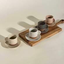 Juego de 4 tazas de espresso de cerámica Mora, de 3 onzas - Pequeñas tazas inspiradas en lo italiano con platitos, para pequeños tragos de café - Estilo moderno bohemio para cualquier cocina o cafetería. Porcelana apta para microondas - Colores neutros surtidos