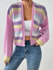 Suéter de cardigan de punto con mangas farol y de color a rayas, estilo casual y dulce, versátil para otoño/invierno - Multicolor - Ver 3