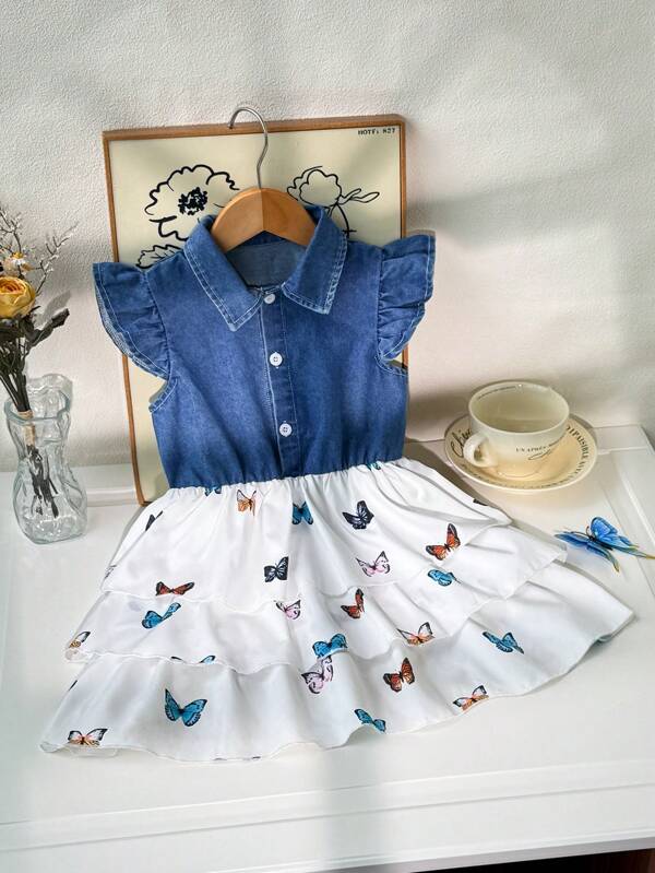 Kleine Mädchen Denim Kleid mit Schmetterling Muster, mehrlagiger Rüschensaum, Rücken, Schulanfang, Sommer