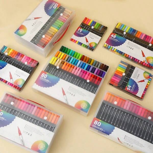 5/12/24/36/48pcs Colored Brush, Marker Pens, Acrylic Art Markers, Dual-Tip Water-Based Washable Soft Tip Marker Pen Set
