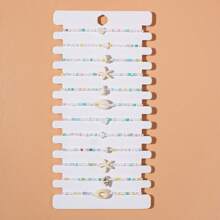 12pcs Set Pearl, Starfish, Shell Handmade Braided Adjustable Bracelet (Randomly Colored Pearls)