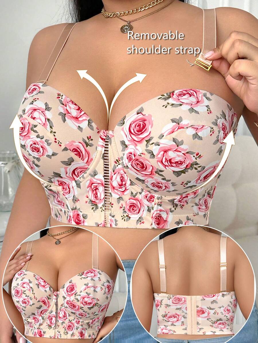 1pc Plus Size Women Daily Wear Printed Bra With Wire - Apricot - View 1