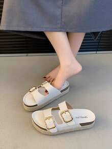 Wedge Sandals With Metal Buckles, Platform Espadrilles - White - View 2