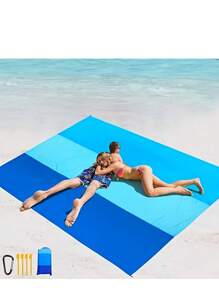 Beach Blanket Sandproof, Foldable Beach Mat With 4 Corner Stakes, For Outdoor Camping Travel Vacation Hiking Polyeaster Material Oversized Lightweight Picnic Beach Blanket