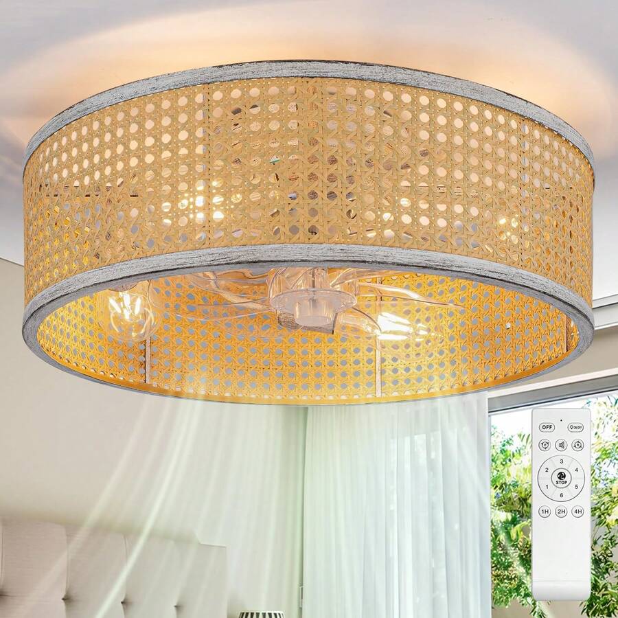 20" Boho Rattan Fandelier, Flush Mount Caged Ceiling Fan With Light & Remote Control, Drum Shade, 6 Speed/Timer/3 CCT//Bladeless/Quiet Motor/Low Profile, For Bedroom Living Room Kitchen - Mint Blue - View 1
