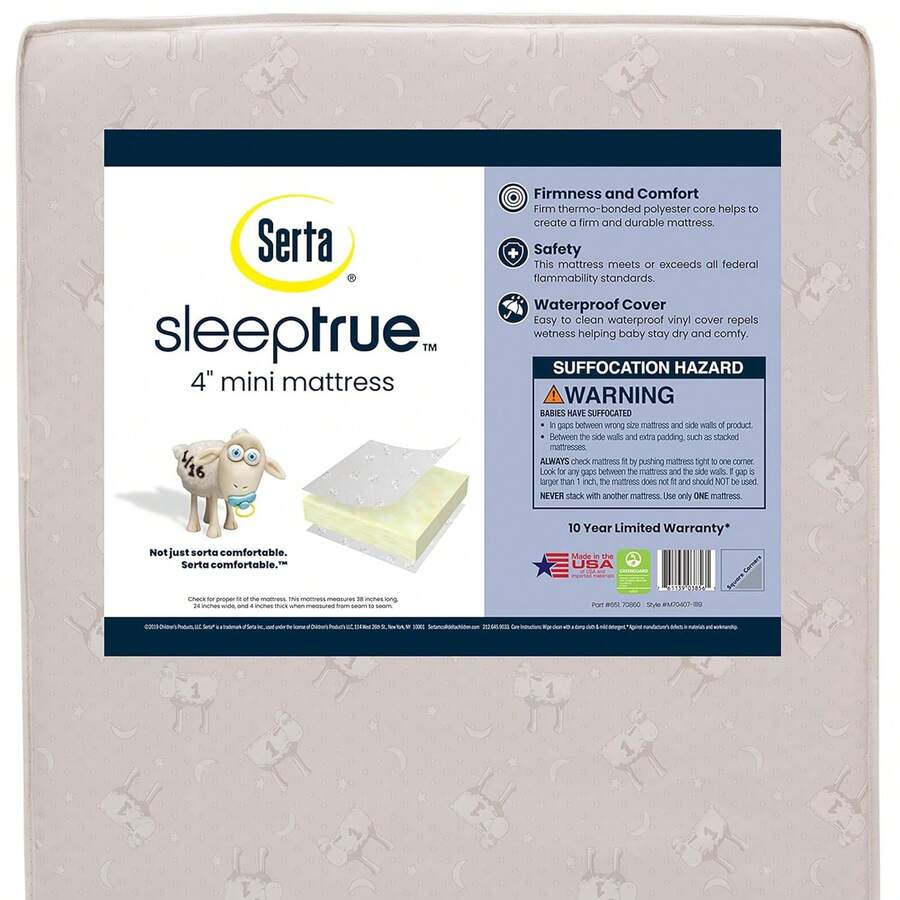 Colchón de cuna mini SleepTrue de Serta, núcleo de fibra premium, cubierta hipoalergénica e impermeable, certificado Greenguard Gold - Hecho en EE. UU., Blanco - Multicolor - Ver 1