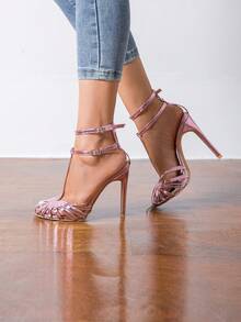 女士圆头坡跟罗马凉鞋，带绑带，真皮镂空高跟鞋，性感派对鞋 - 粉色 - 查看 8