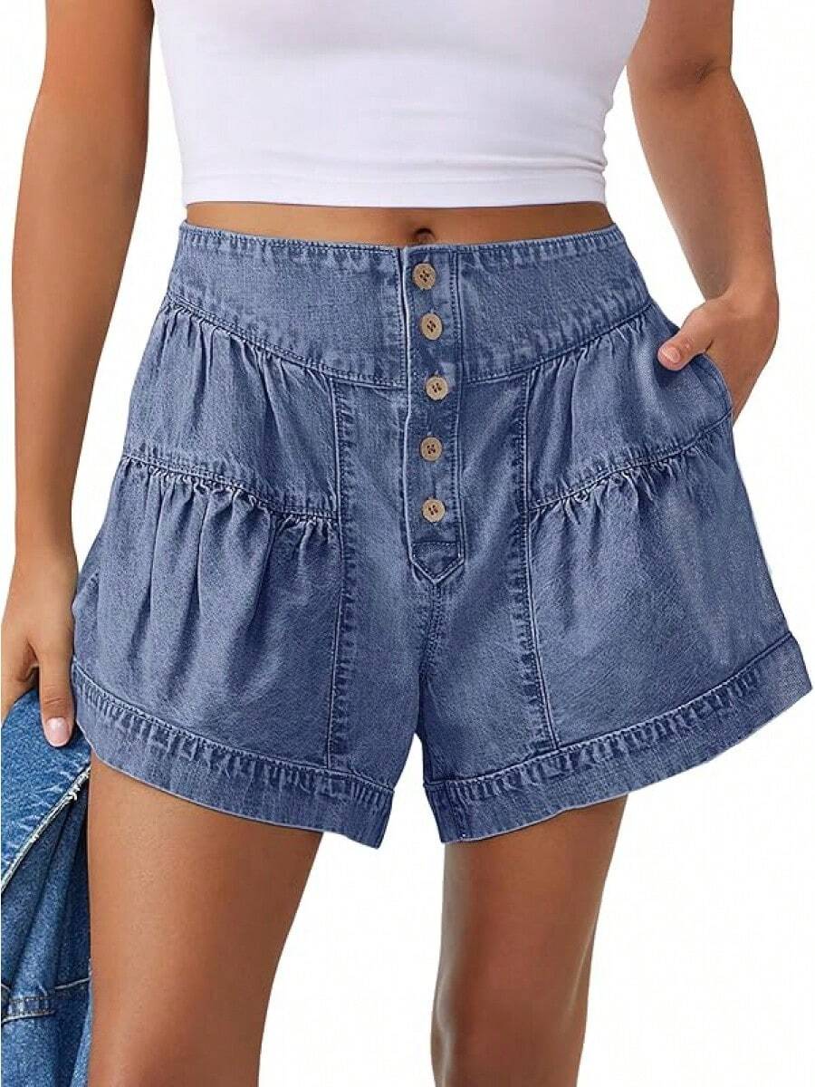 ANRABESS Women's Shorts Summer Baggy High Waisted Flowy Wide Leg Buttons Pleated Casual Jean Shorts 2025 Fashion Skorts - Washed Blue - View 1