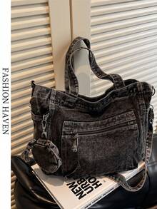 新款时尚休闲别致柔软牛仔多口袋托特包带零钱包，纯色大容量单肩包，艺术风格大学生斜挎书包，适合上班通勤、购物、旅行和返校