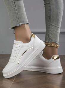 Ladies' Casual Sporty Skateboarding Shoes With Gold Decorative Details And Laces
