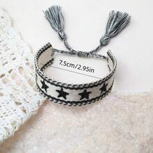 1pc Handmade Star Decor Braided Bracelet, Vintage Tassel Boho Style Wristband, Suitable For Friends, Family, Students, Holiday Gifts, Party, Travel, Blessing Bracelet - Black and White - View 8