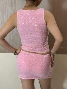 Women's .Y 2 Pieces Outfits Sequin Sparlle Glitter Crop Tank Top Bodycon Mini Skirt Set For Party Night Out Dating - Pink - View 4